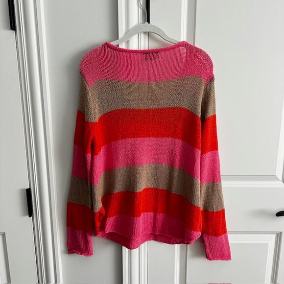 Wooden Ships Bright Pink Stripe V-neck Pullover Sweater Small/Medium - Picture 5 of 7